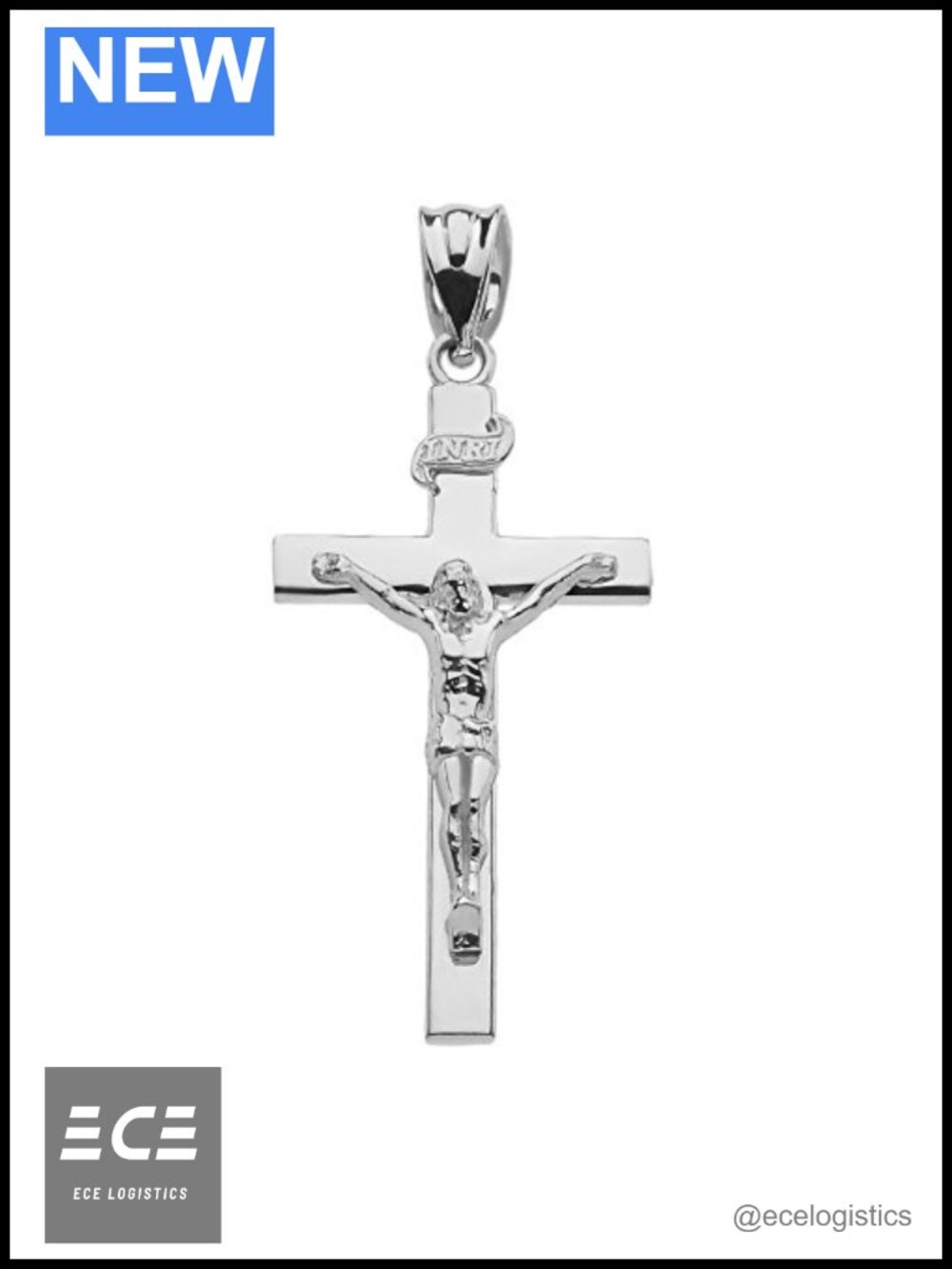 14K White Gold Jesus Christ INRI Crucifix Cross Pendant Necklace 1-1/3"